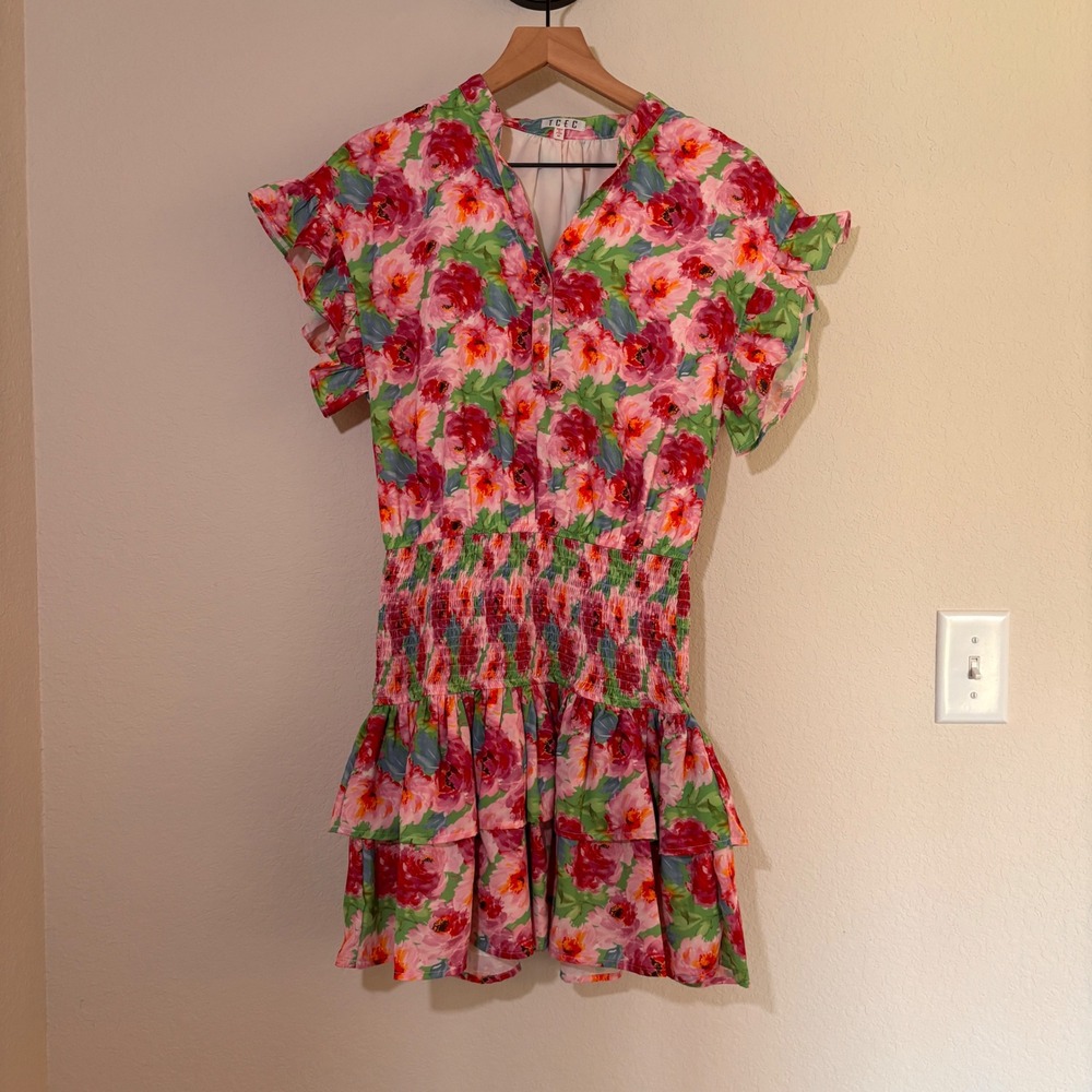 TCEC Mini Dress Floral Size M Smocked Ruffle Pink Green Cottagecore Romantic